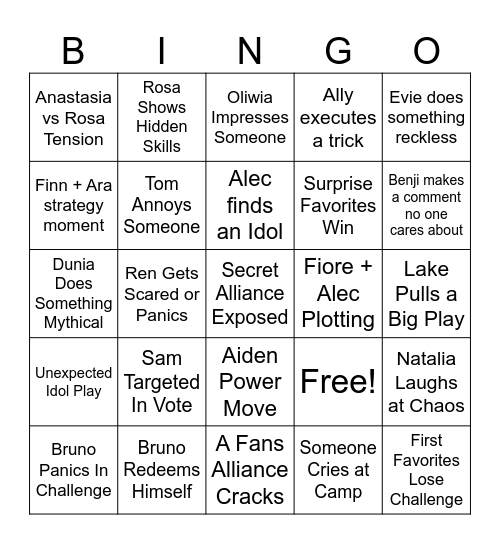 DC5 Episode 2 Predictions Bingo Card