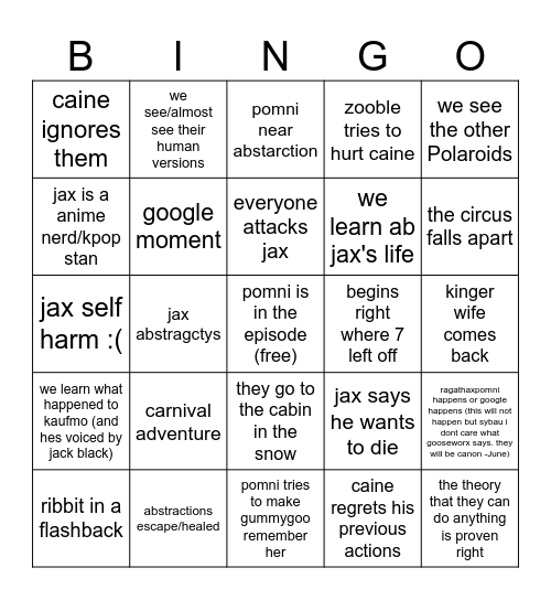 episode 8 bingor Bingo Card