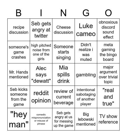 game night bingo Card