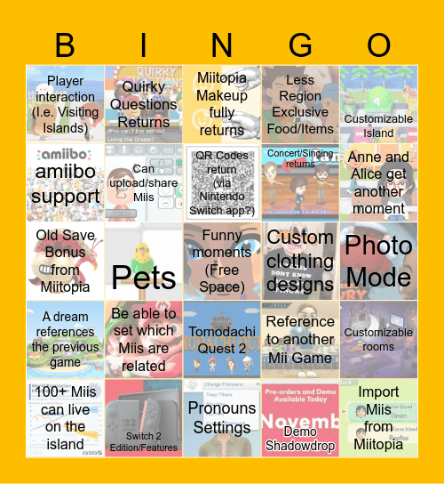 Tomodachi Life: Living the Dream Direct Bingo Card
