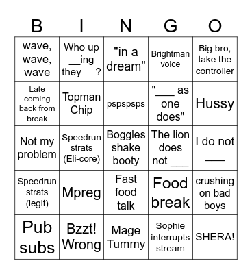 Eli Stream Bingo Card