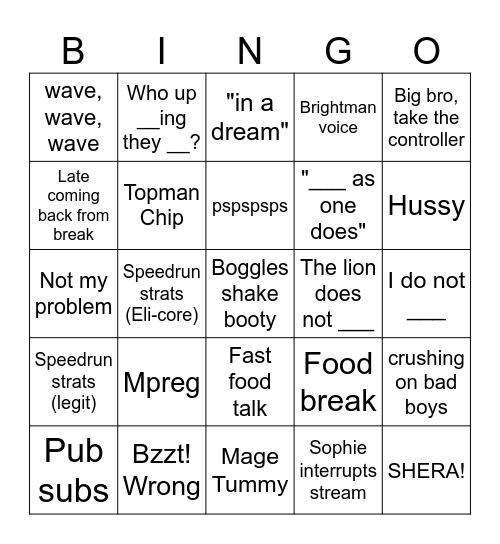 Eli Stream Bingo Card