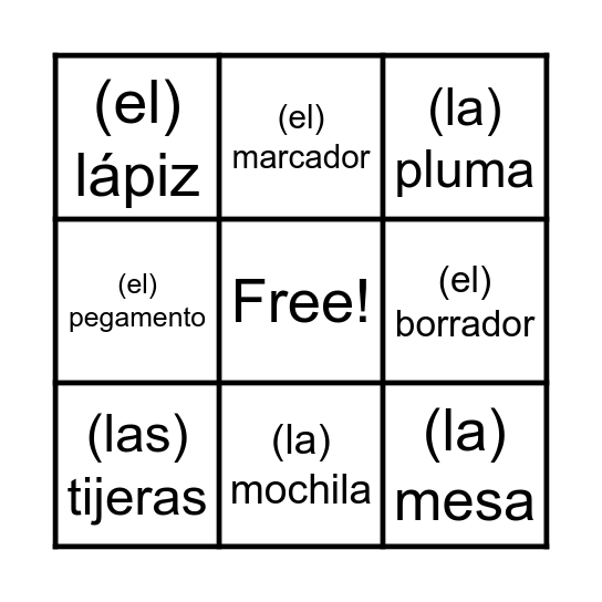 Classroom Vocabulary SPANISH Bingo Card
