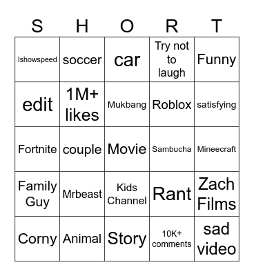 Youtube Shorts Bingo Card