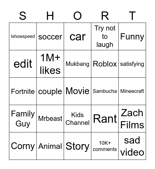 Youtube Shorts Bingo Card