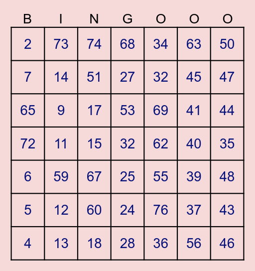 Pink Number Bingo Card