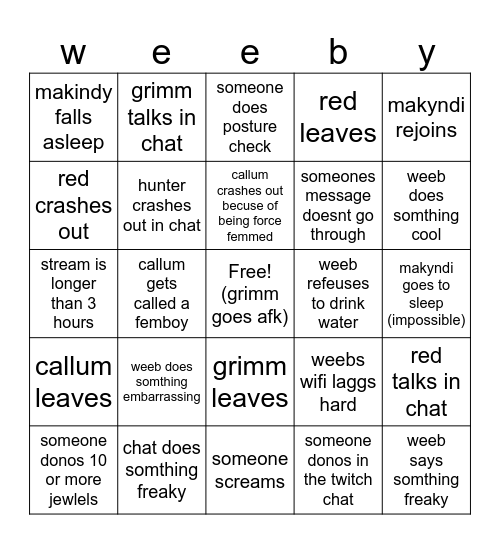 weeb bear bingo stream Bingo Card