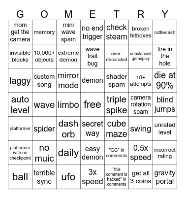 GD things to find in levels Bingo Card