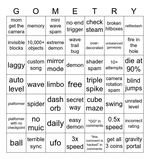 GD things to find in levels Bingo Card