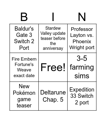 Nintendo Direct Feb. 2026 Bingo Card