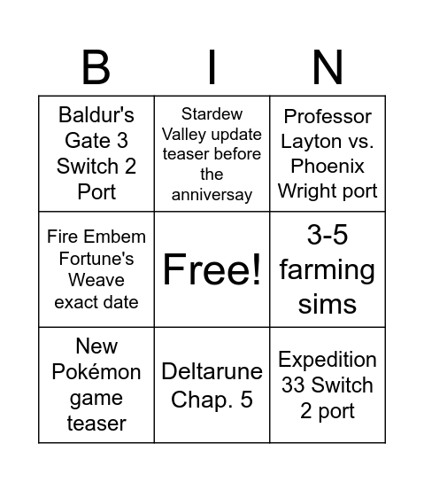 Nintendo Direct Feb. 2026 Bingo Card