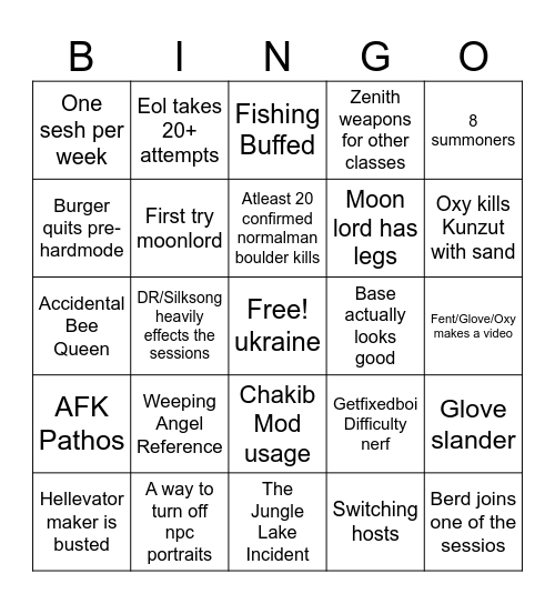 Terraria New Update/New Sesh Bingo Card