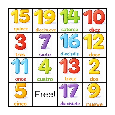 Lotería: Los números 1-20 Bingo Card