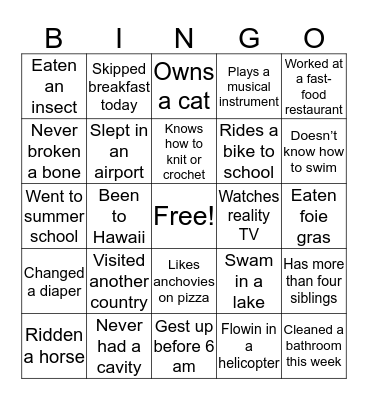 Getting to Know You Bingo Card