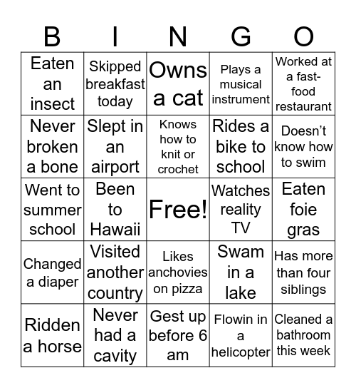 Getting to Know You Bingo Card