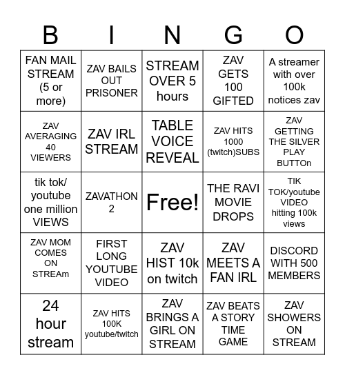 2026  ZAV PREDICTIONS Bingo Card