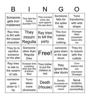 Death House Session 2 Bingo Card