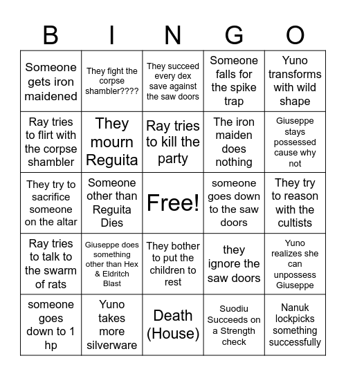 Death House Session 2 Bingo Card