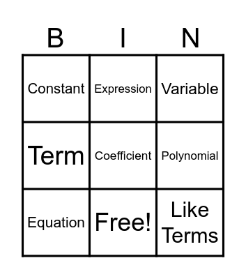 ALGEBRA BINGO Card