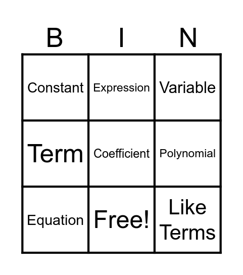 ALGEBRA BINGO Card