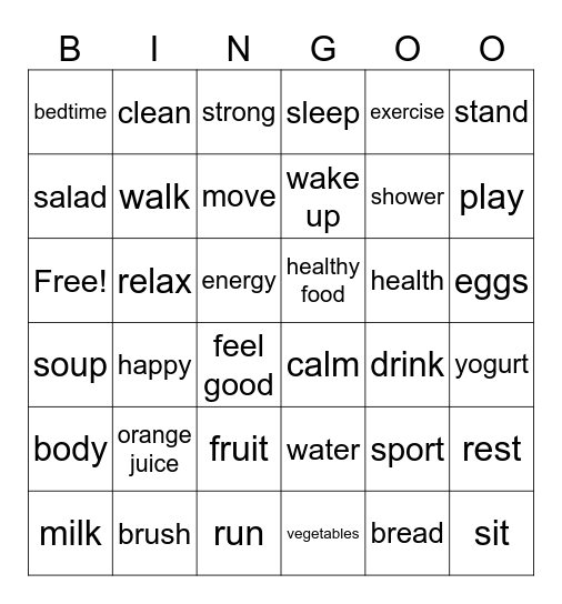 Healthy Lifestyle Bingo Card