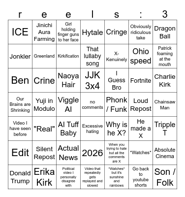 Instagram Reels Bingo Card