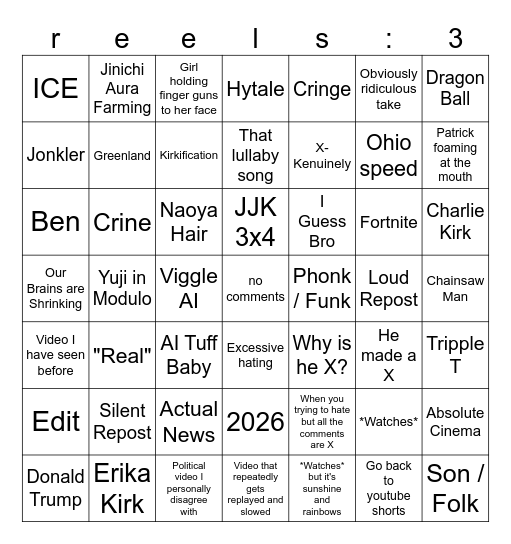 Instagram Reels Bingo Card