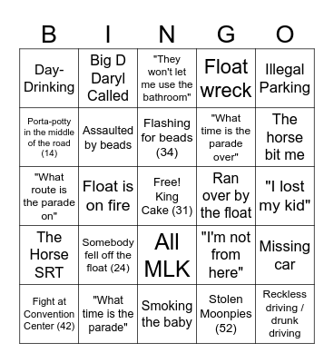 911 Mardi Gras Bingo Card