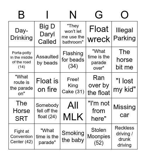 911 Mardi Gras Bingo Card