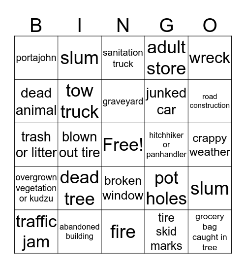 Road Trip Bingo Card