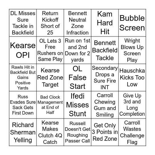 Seahawks Bingo Card