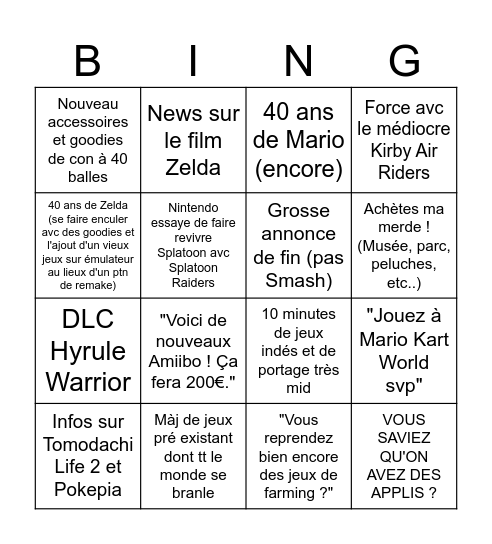 Nintendo Direct bingo Card