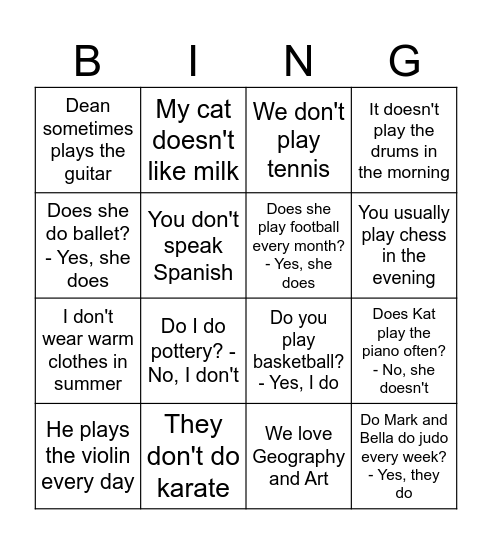 Present Simple Bingo Card