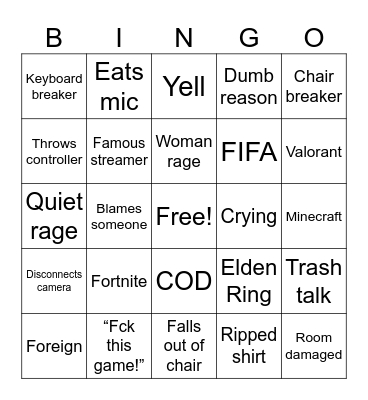 Gamer Rage Bingo Card