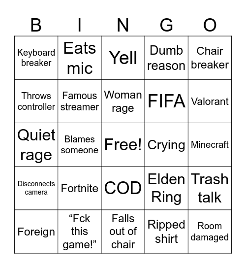 Gamer Rage Bingo Card