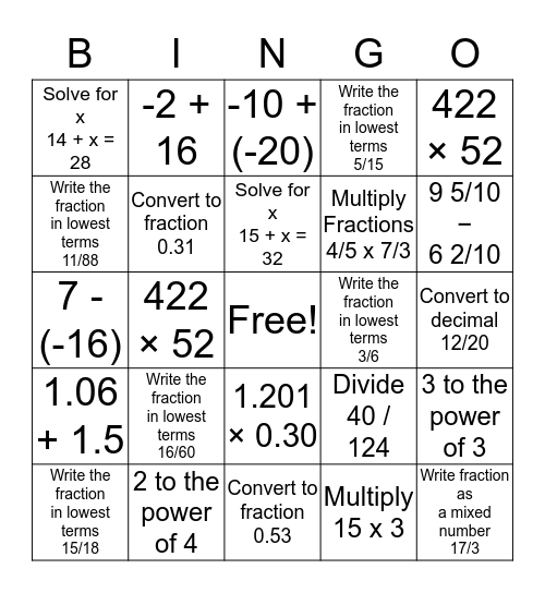 MATH BINGO Card