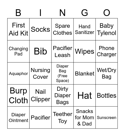 Diaper Bag BINGO Card