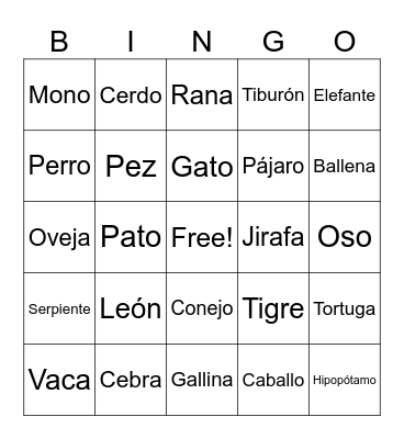 Bingo de animales.        A. G THE FAMILY Bingo Card