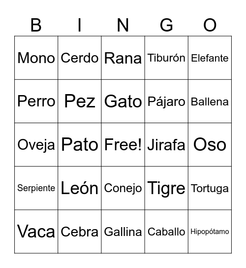 Bingo de animales.        A. G THE FAMILY Bingo Card