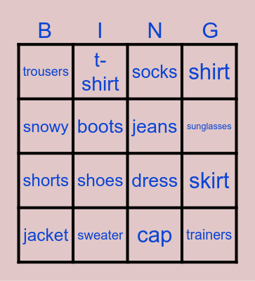 Clothes Bingo Card