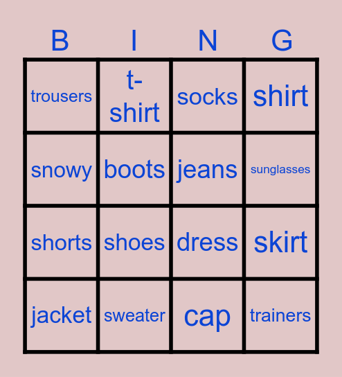 Clothes Bingo Card