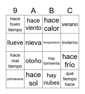 Tiempo meteorológico Bingo Card