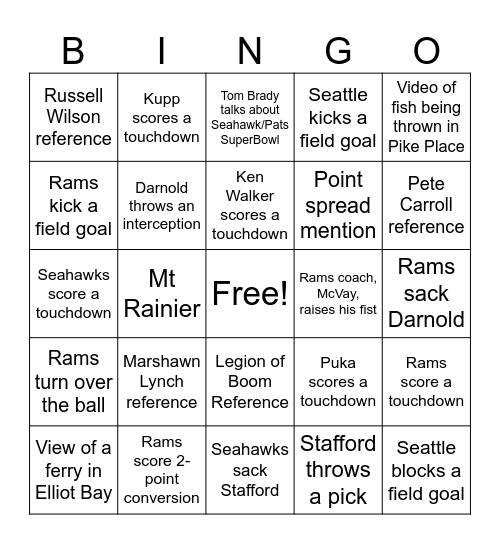 NFC Title Game Bingo Card