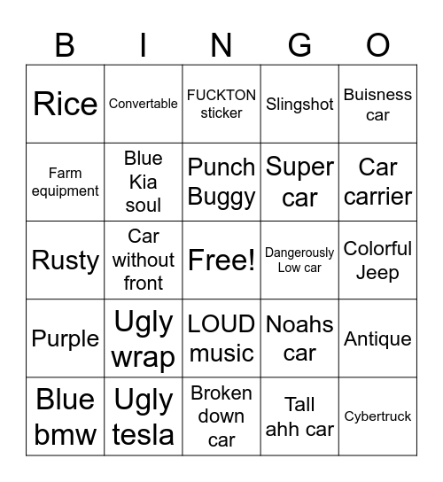 Car Bingo Card