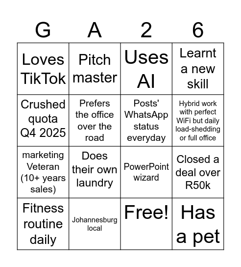 GA Team 2026 Bingo Card