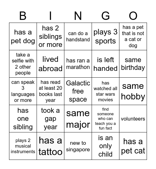 Galactic Explorer Bingo Card