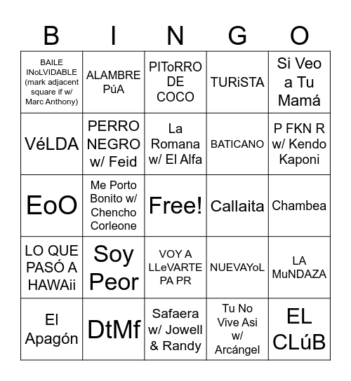 Benito Bowl Bingo Card