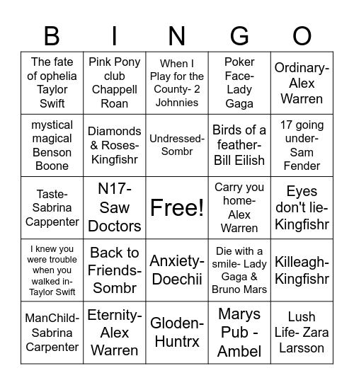 Music Bing Hits 2024/2025 Bingo Card