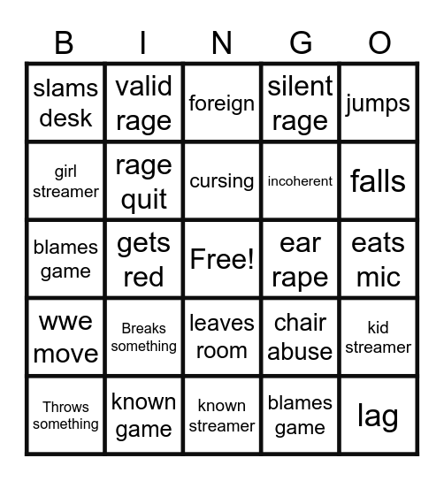 gamer rage Bingo Card