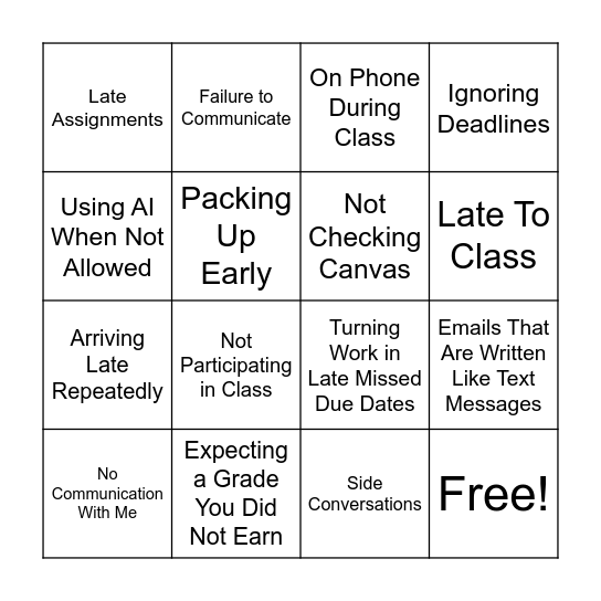 Beth's Class Pet Peeve's Bingo Card